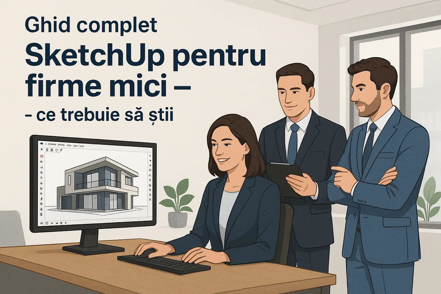 Echipă de profesioniști utilizând SketchUp pentru proiectare 3D în firmă mică